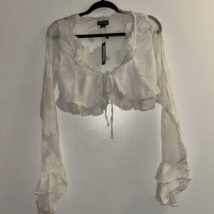 PrettyLittleThing Cream Textured Chiffon Tie Front Frilly Crop Top Medium NWT